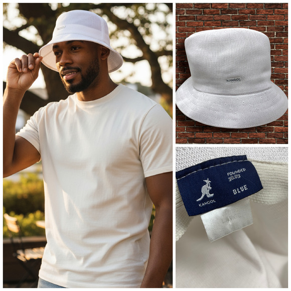Vintage Kangol Bucket Hat Cap Sz L White Tropic Player Hip Hop Knit Woven 6371BC - Picture 1 of 6